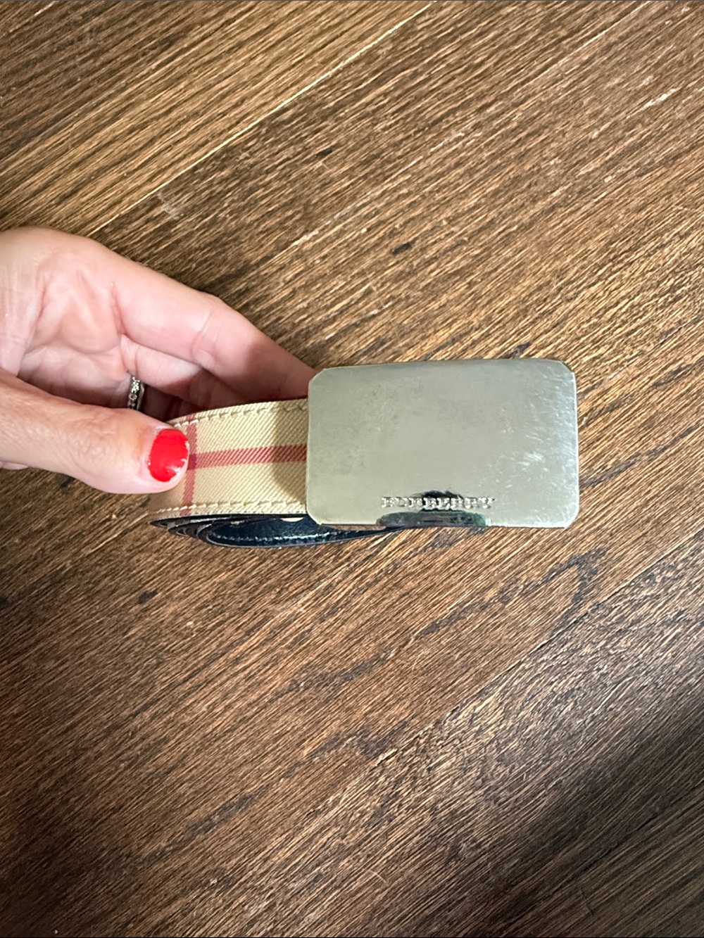 Burberry Beige Plaid Web Belt with Silver Buckle